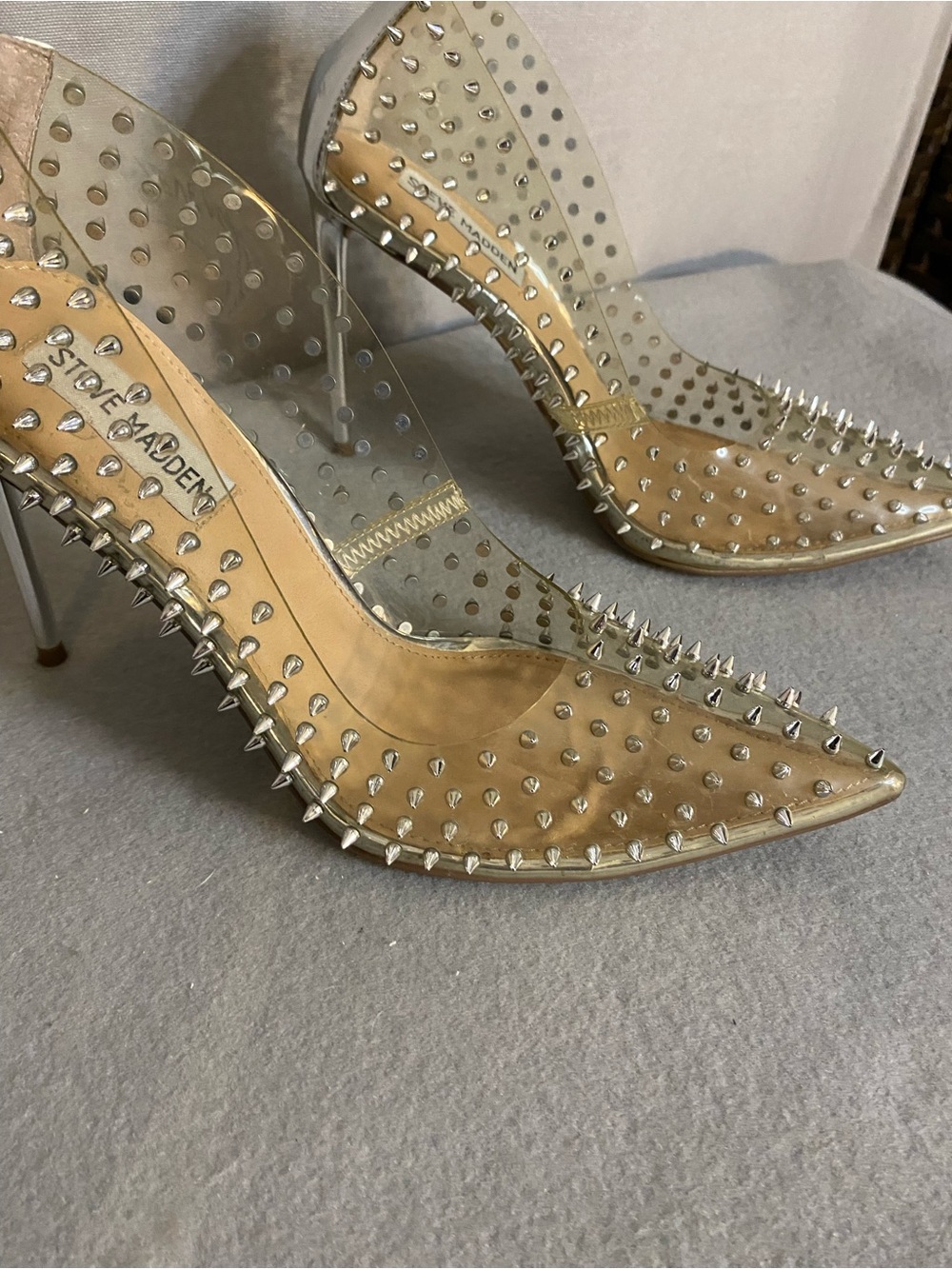 Steve Madden Clear Pointed Spike Pump in Nude with Silver Studs